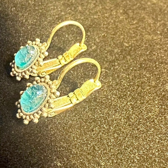 Baked Beads Lever Back Silver Earrings with bright blue gem - Picture 4 of 5